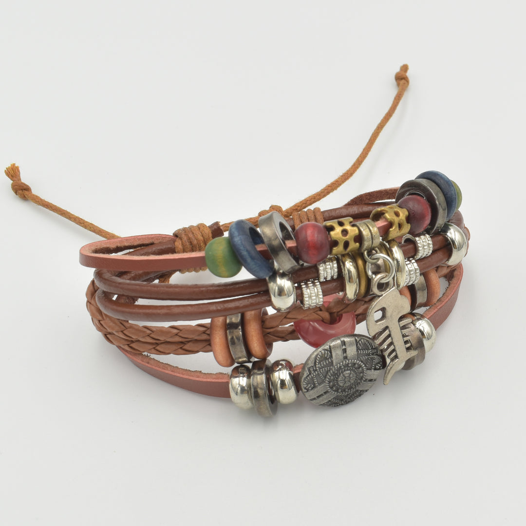 Brown Leather Fish Bone Layered Bracelet