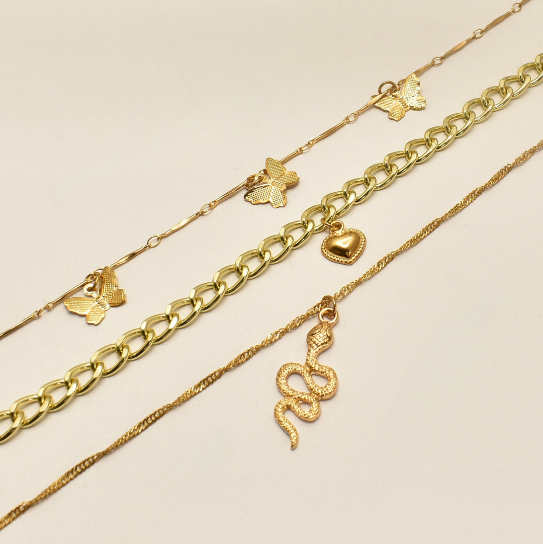 Gold Snake Butterfly 3-Pack Bracelet