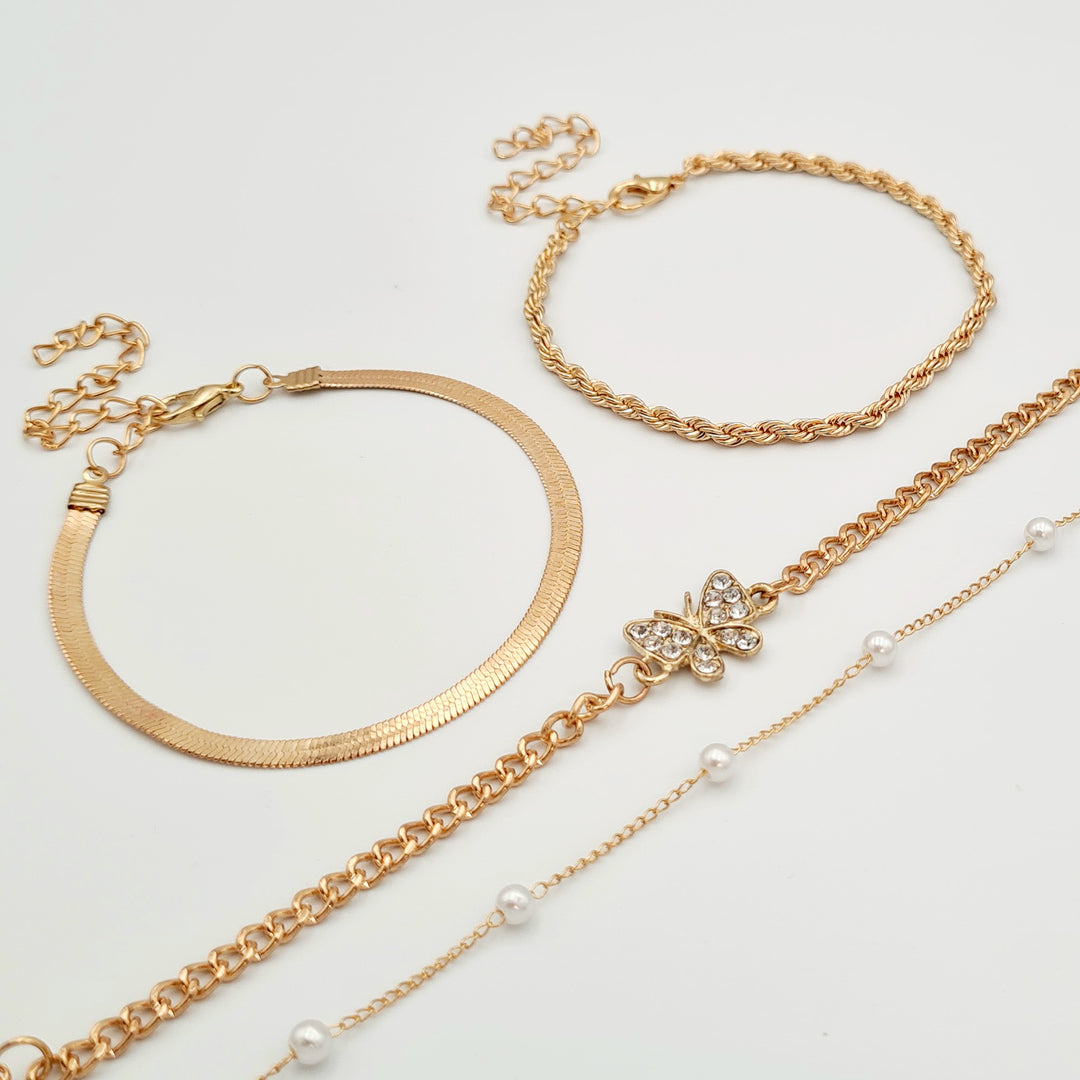 Gold Butterfly Diamante Pearl 4-Pack Bracelets