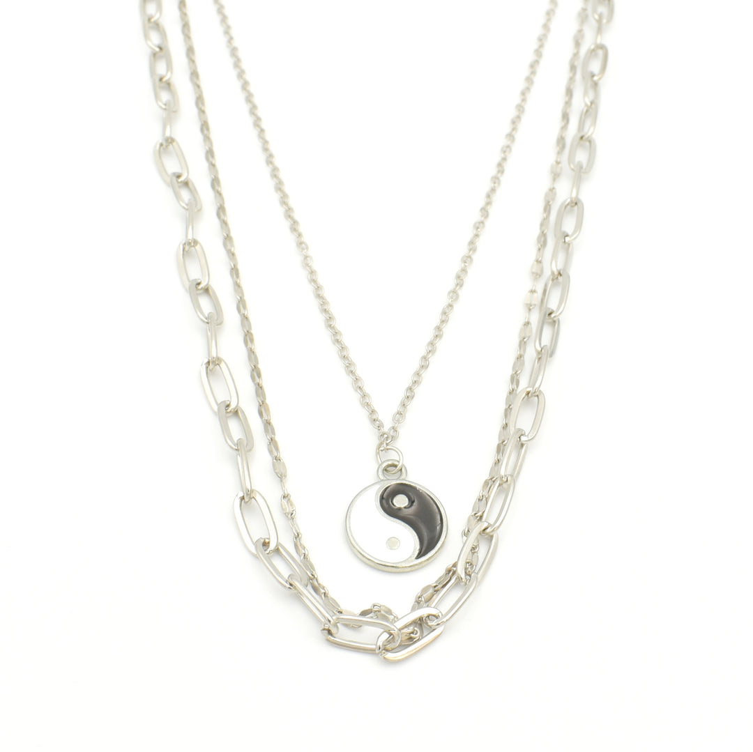 Silver Paperclip Yin Yang Layered Necklace