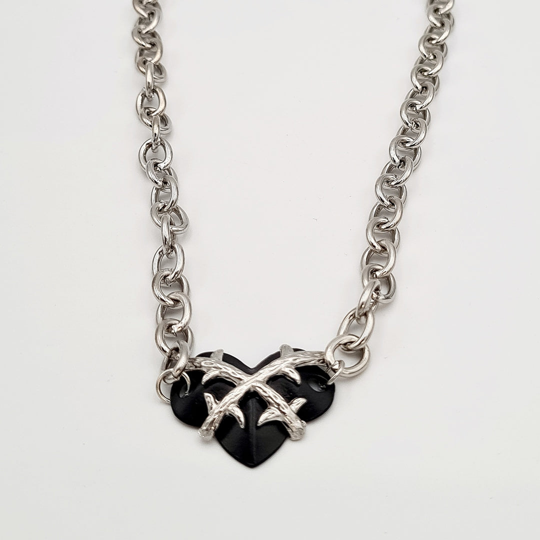Silver Black Heart Link Necklace