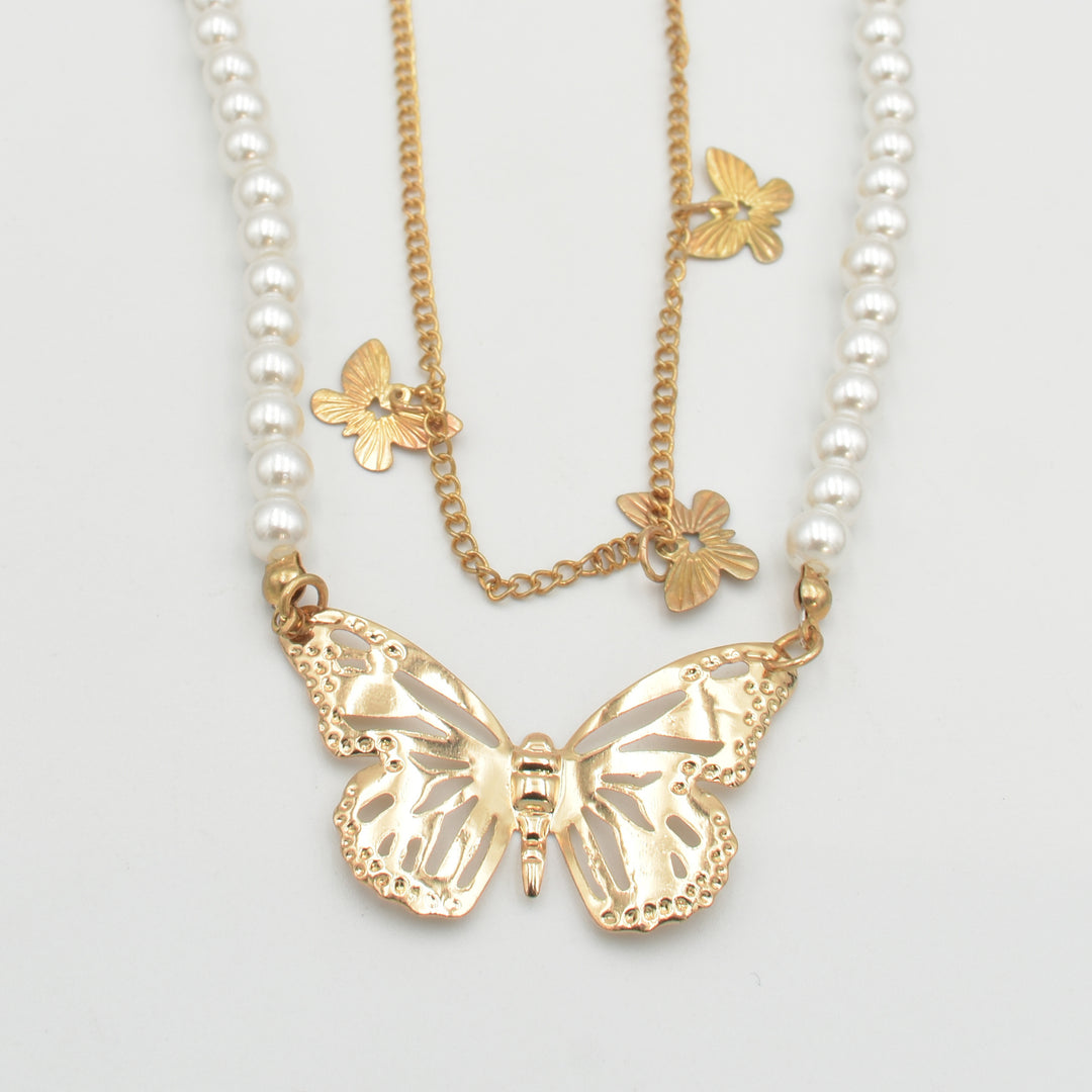 Gold Butterfly Pearly Elegant Layered Necklace