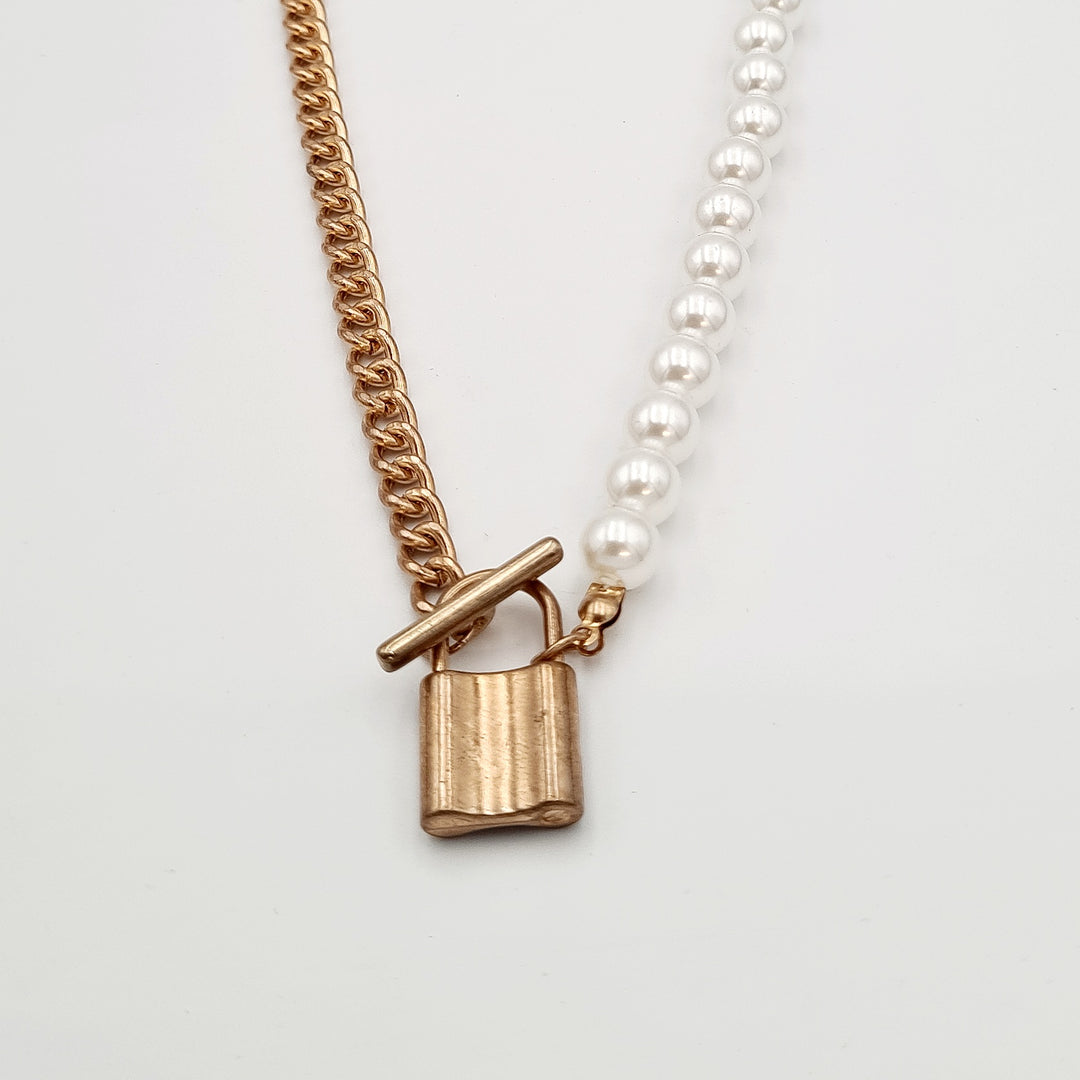 Gold T-Cross Lock Pearl Necklace