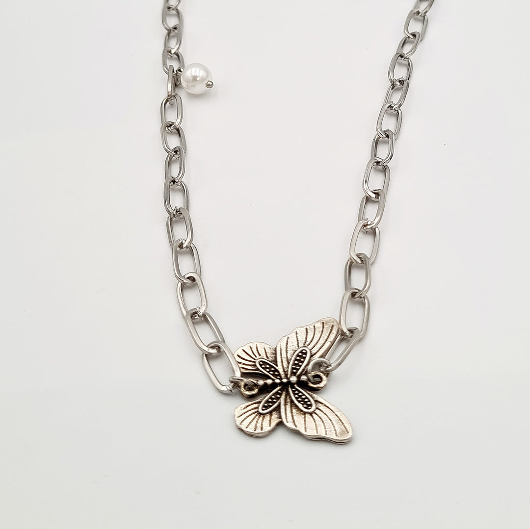 Silver Butterfly Textured Paperclip Necklace