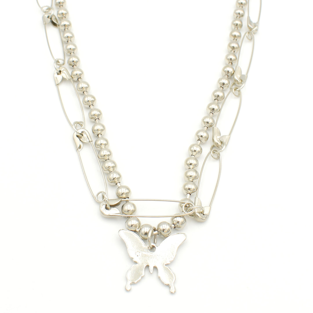 Silver Safety Pin Bead Layered Necklace