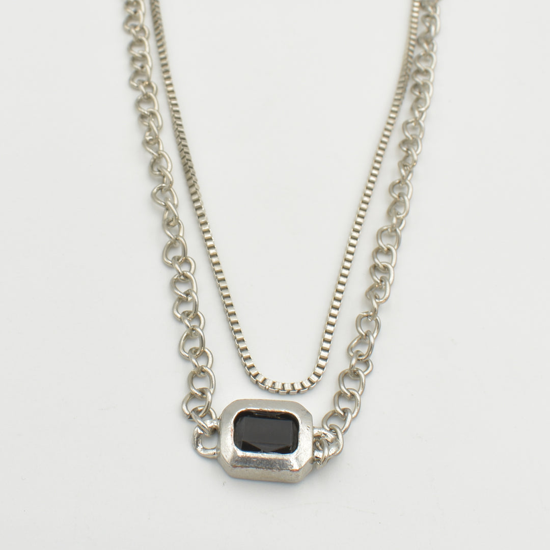 Silver Black Stone Layered Necklace
