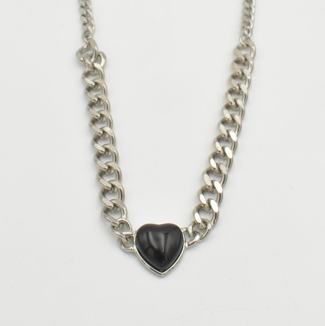 Silver Curb Chain Black Heart Necklace