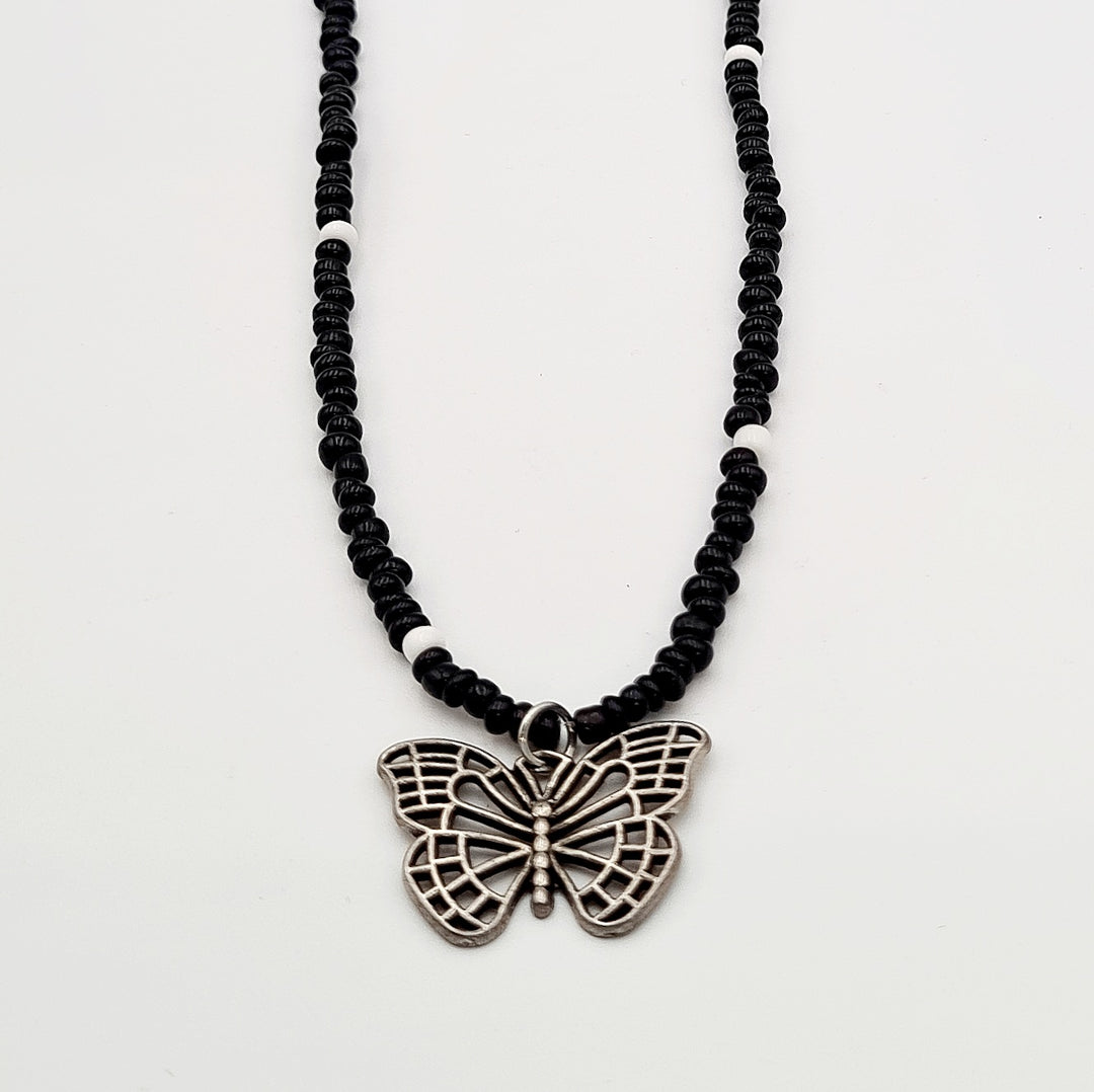 Black Beaded Butterfly Necklace