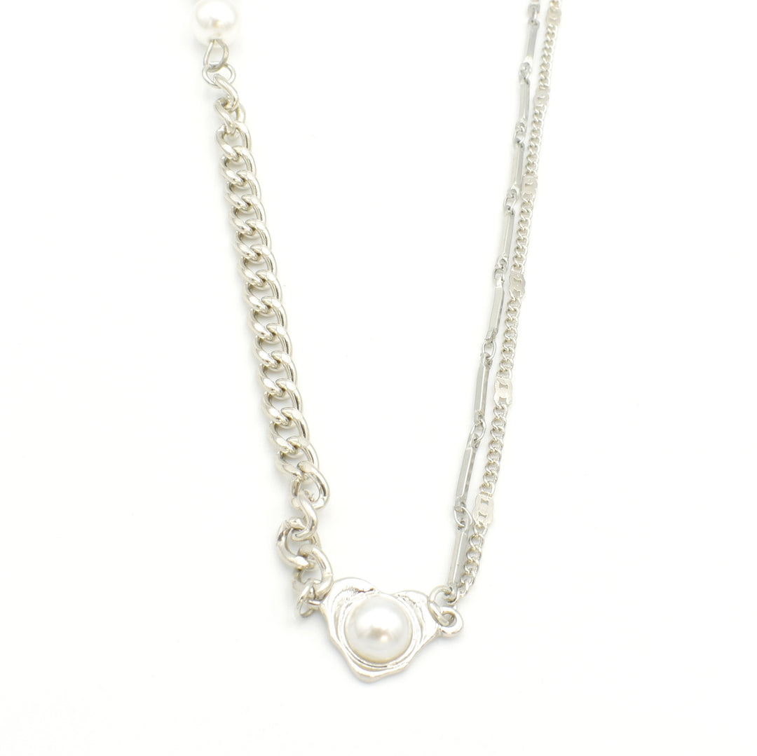Silver Pearl Heart Curb Chain Necklace