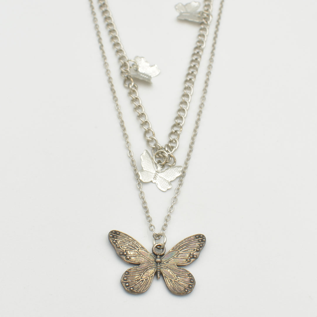 Silver Darkened Butterfly Layered Necklace
