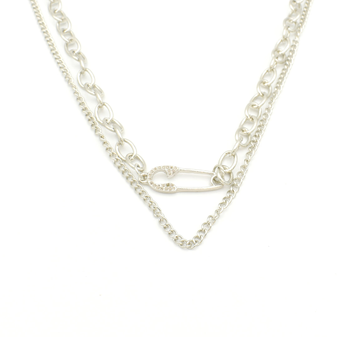 Silver Safety Pin Layered Necklace