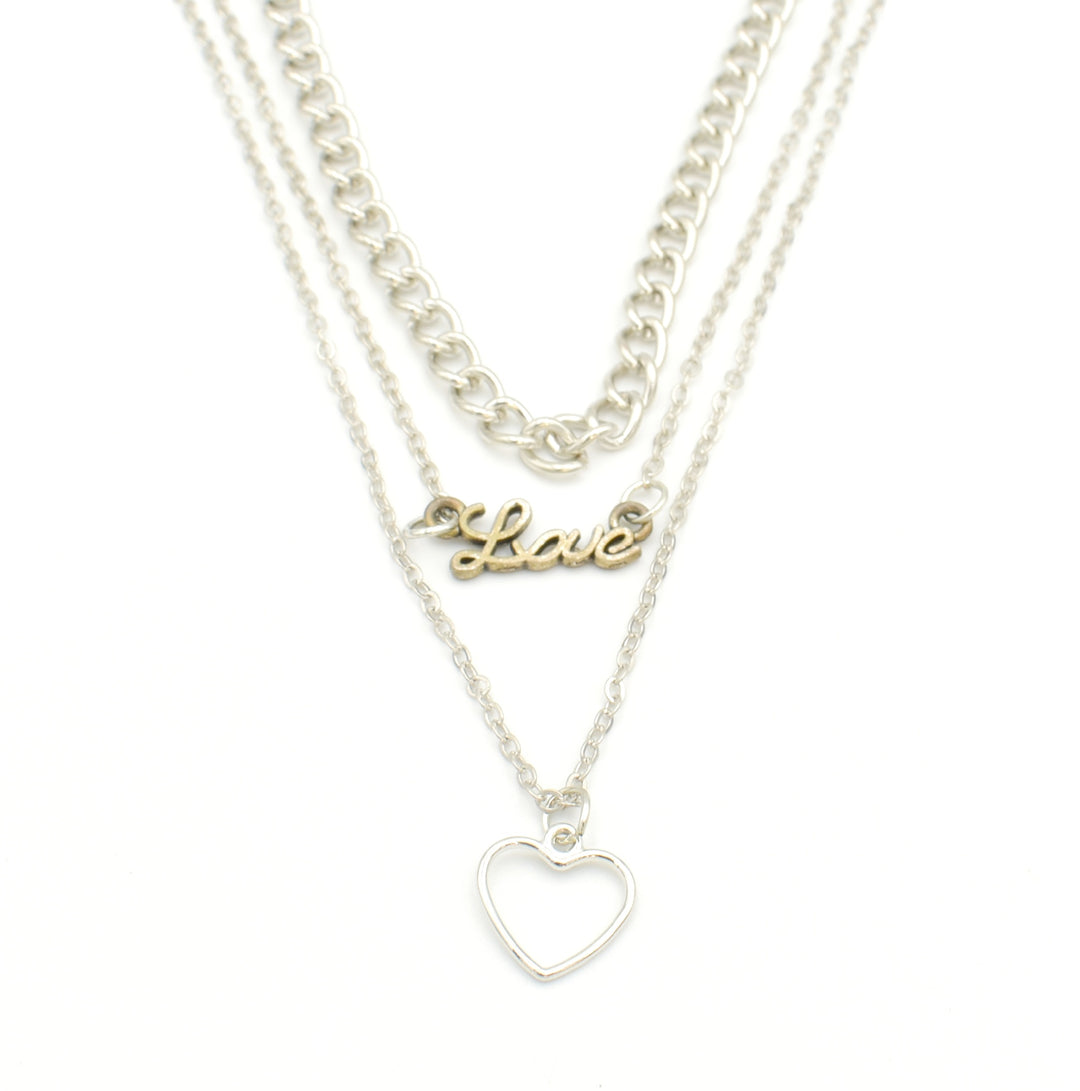 Silver Open Heart Love Layered Necklace