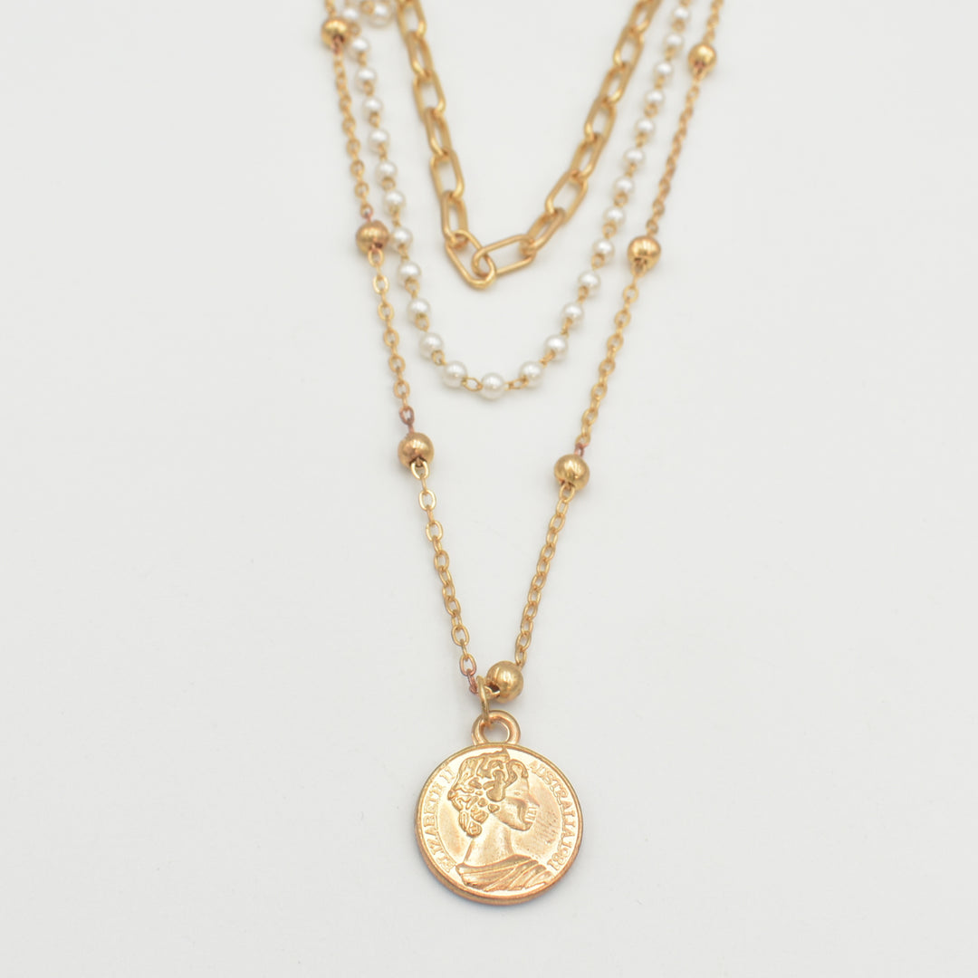 Gold Coin Pearl Paperclip Layered Necklace