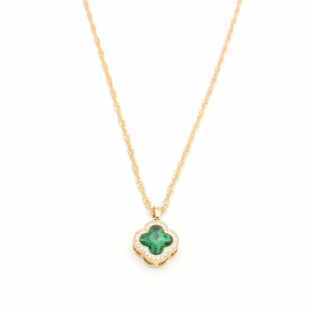Gold Green Stone Clover Pendant Necklace