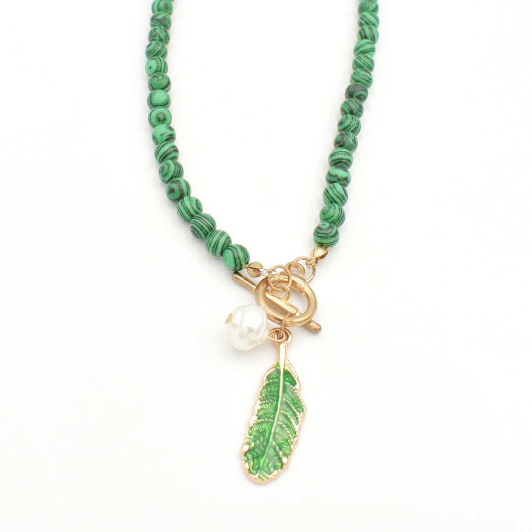 Green Leaf T-Cross Beaded Necklace