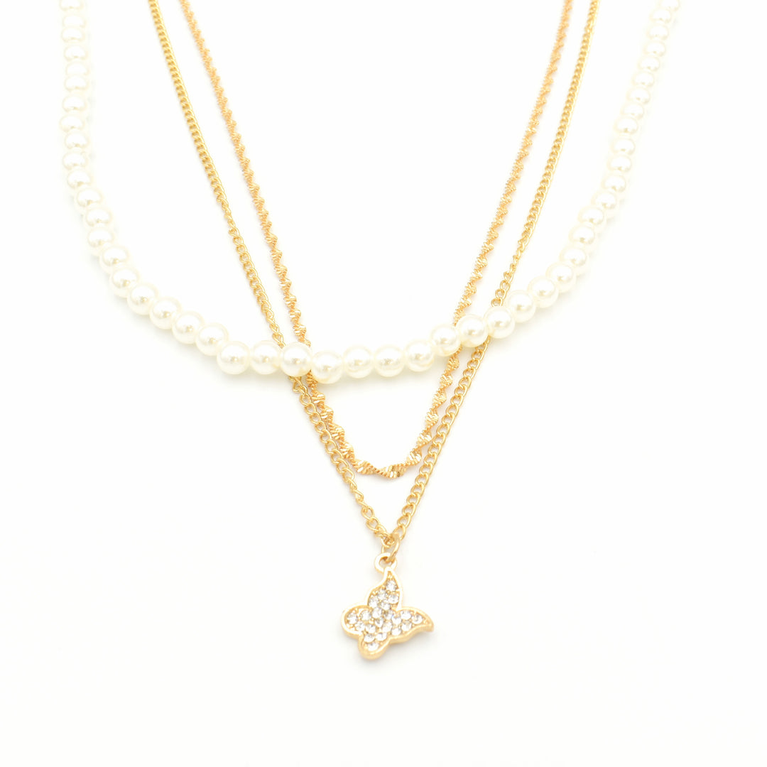 Gold Twisted Chain Butterfly Diamante Layered Necklace