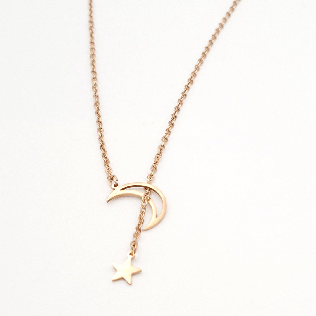 Rose Gold Moon & Star Dainty Necklace