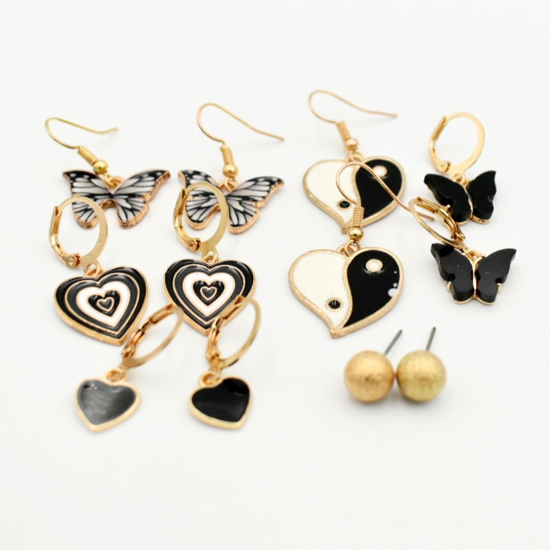 Black & White Yin Yang Heart 6-Pack Earrings