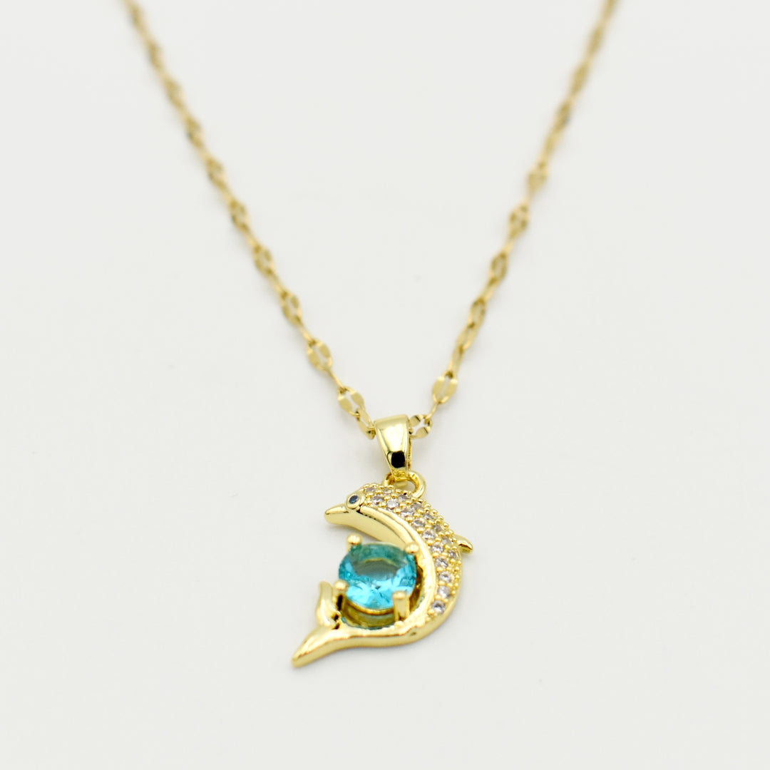 Gold Dolphin Diamante Pendant Necklace