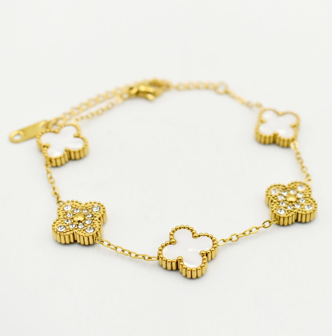 Gold Cubic Diamante White Clover Bracelet