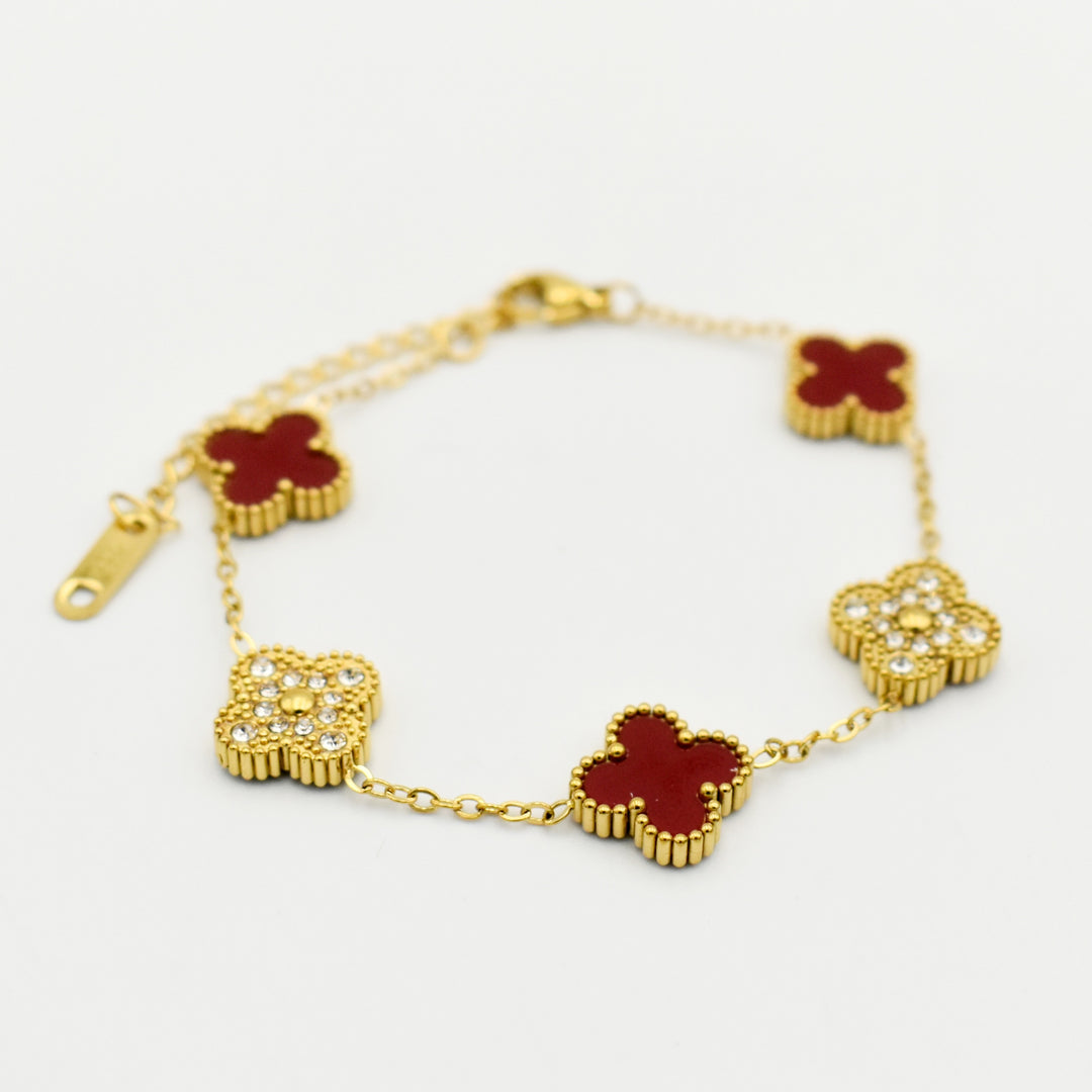 Gold Cubic Diamante Red Clover Bracelet