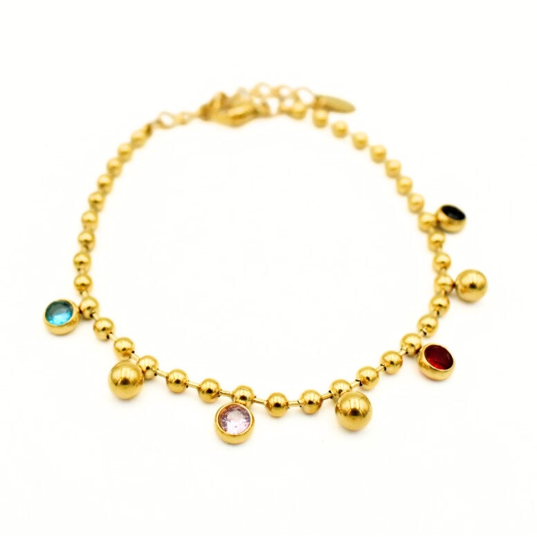 Gold Toned Colourful Glass Stones Bead Bracelet