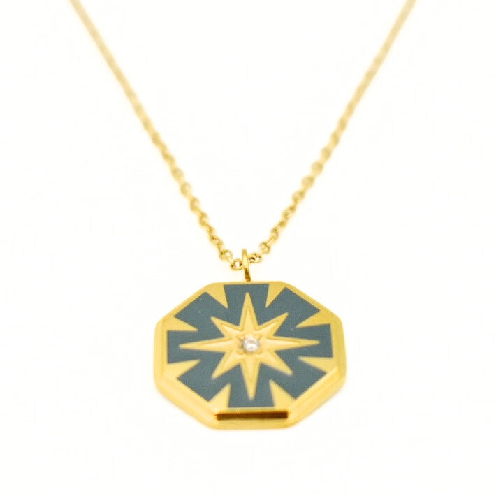 Gold Toned Enamel Hexagon Necklace