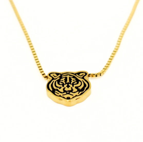 Gold Toned Tiger Pattern Pendant Rope Chain Necklace