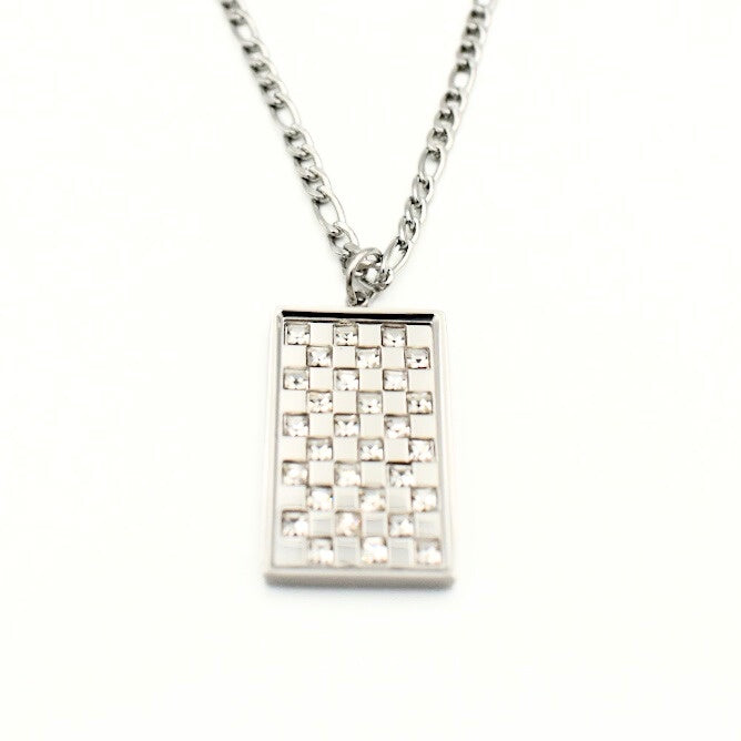 Gold Toned Plaid Rectangular Pave Necklace