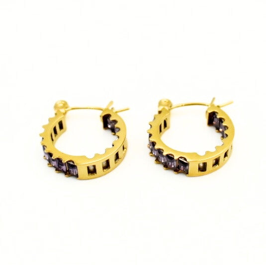 Gold Toned Purple Baguette Hoop Earring