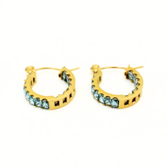 Gold Toned Blue Baguette Hoop Earrings