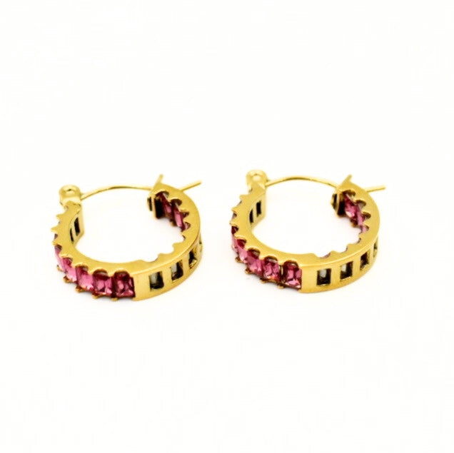 Gold Toned Hot Pink Baguette Hoop Earrings