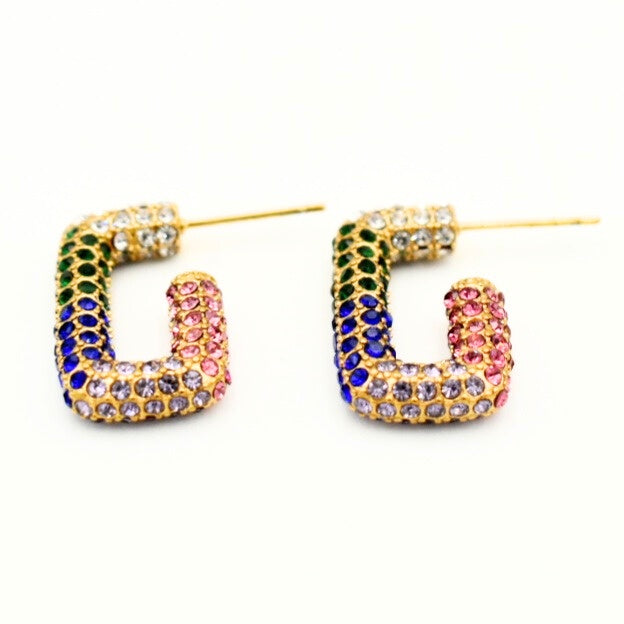 Gold Toned Colorful Rectangle Crystal Earrings