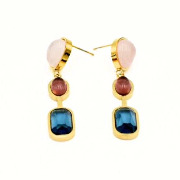 Gold Toned Colorful Glass Stone Tassel Drop Earrings