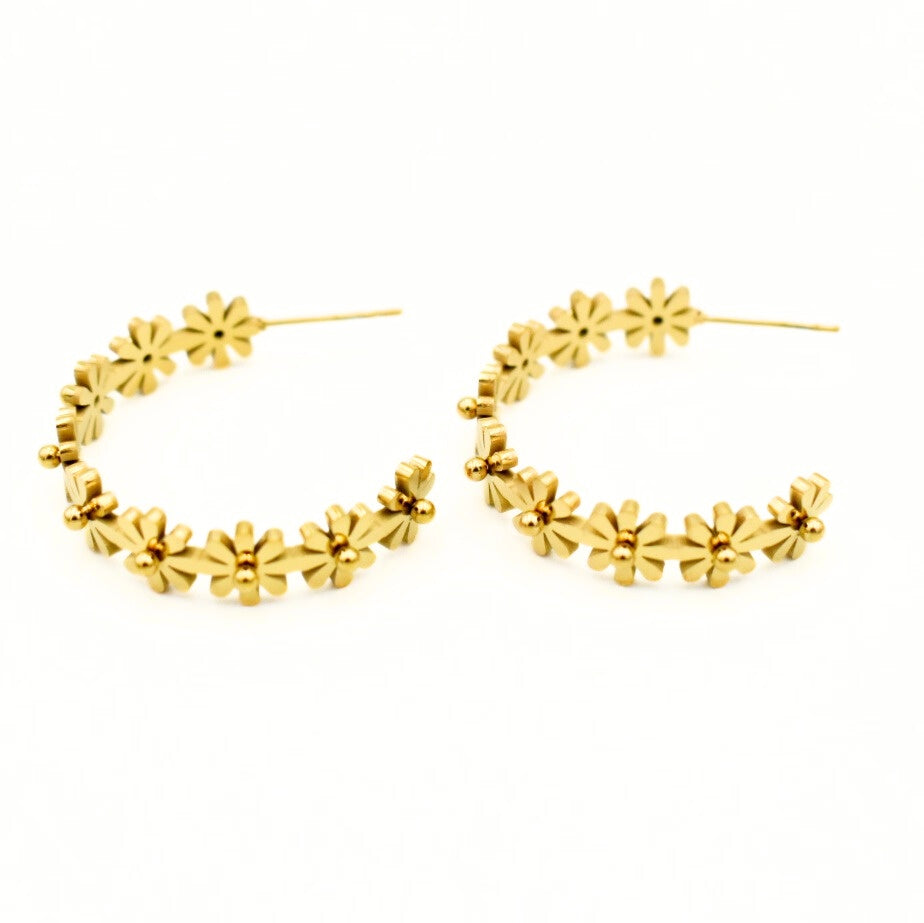 Gold Toned Daisy Flower Hoop Earrings