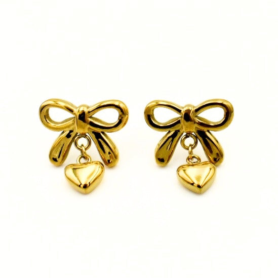 Gold Toned Heart Pendant Bow Stud Earrings