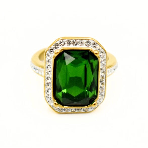 Gold Toned Green Rectangle Chunky Rings