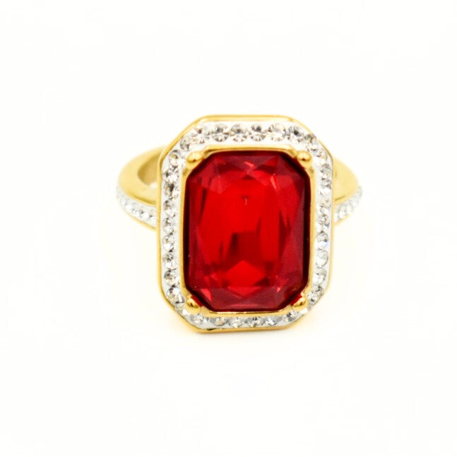 Gold Toned Red Rectangle Chunky Rings