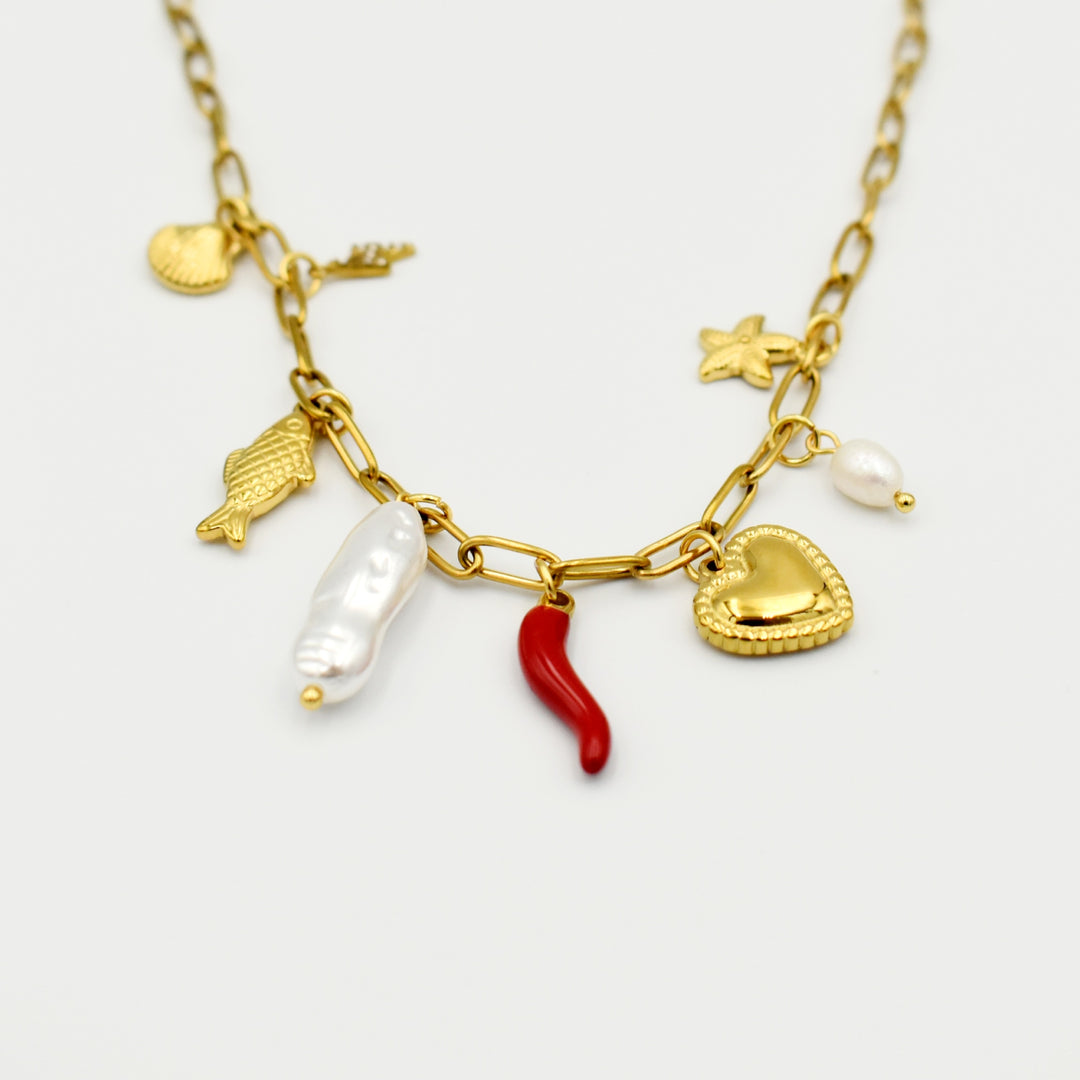 Gold Toned Heart Pearl Necklace