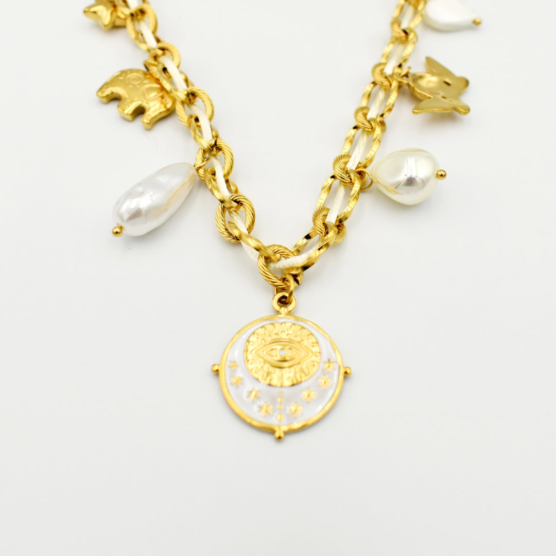 Gold Toned Pearl Charm Necklace