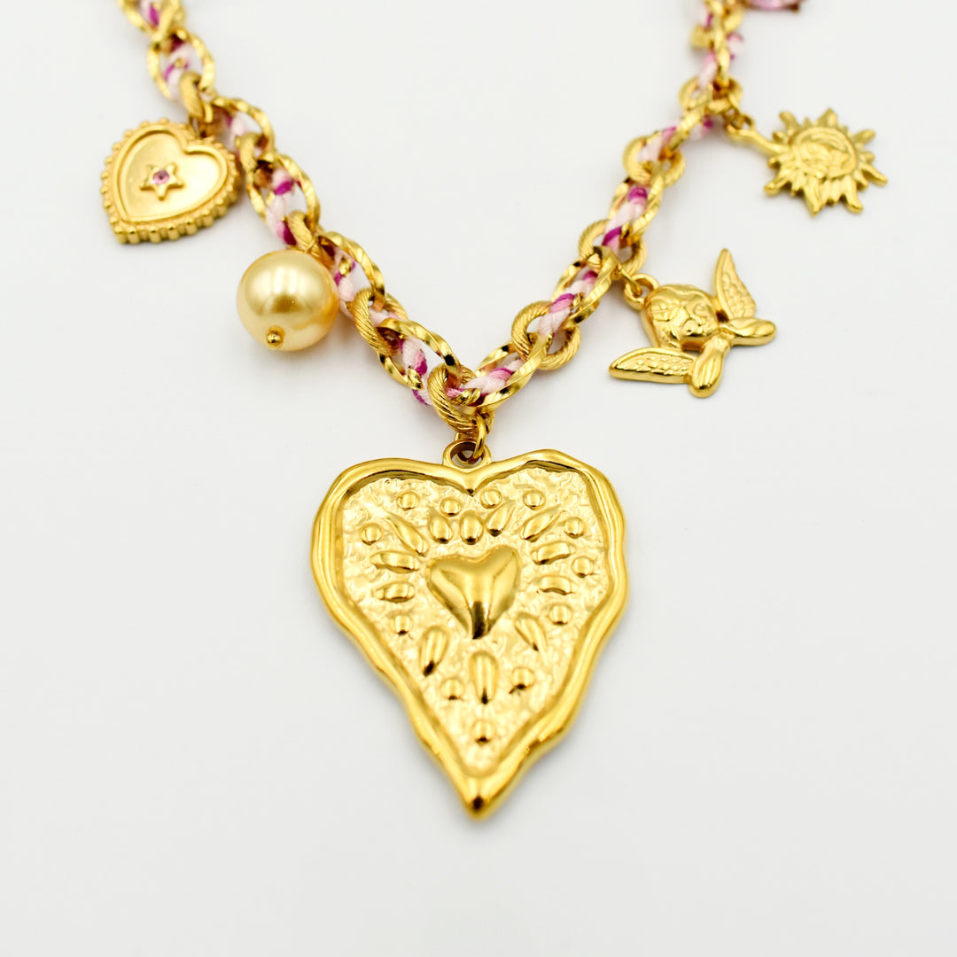 Gold Toned Heart Beam Charm Necklace