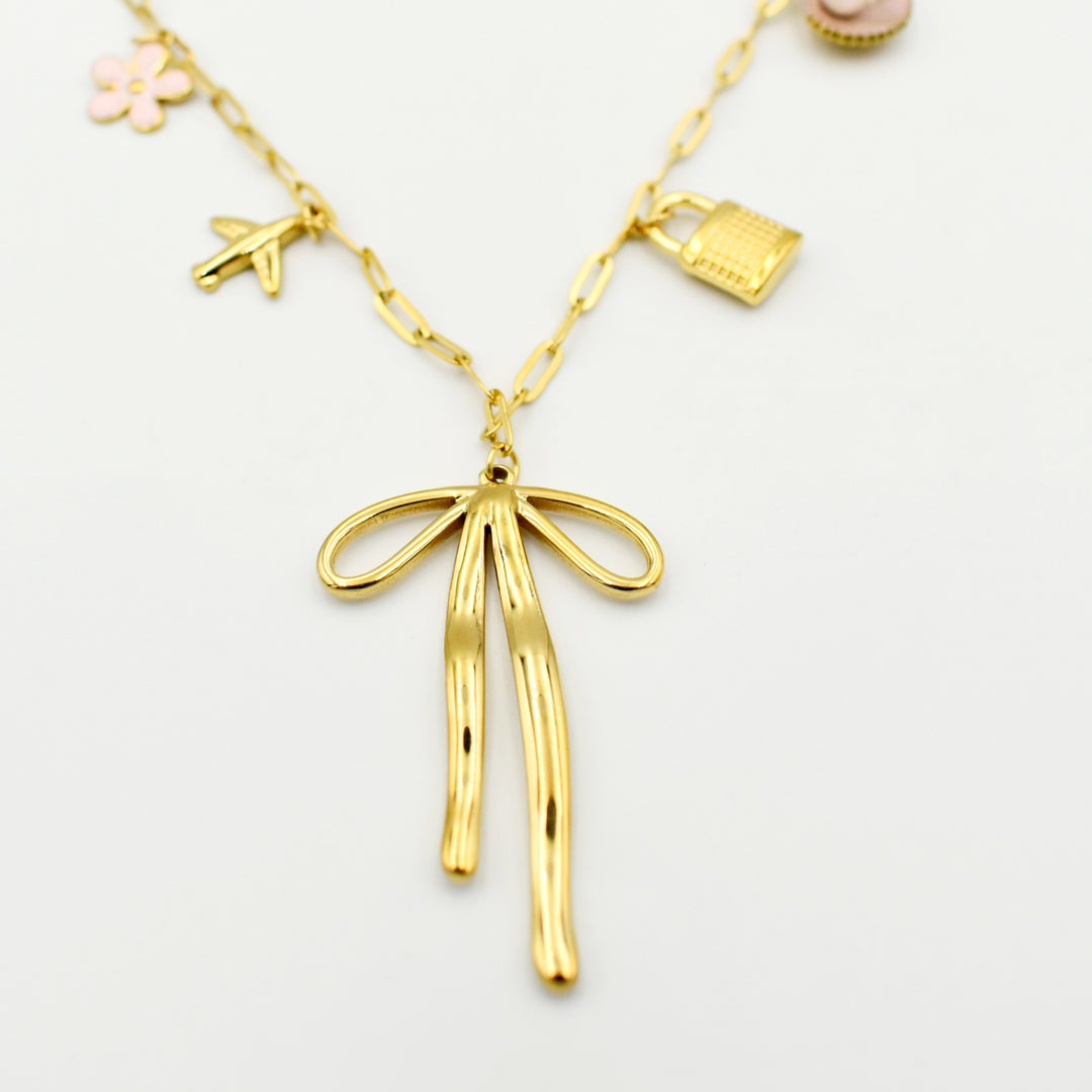 Gold Toned Bow Charm Necklace