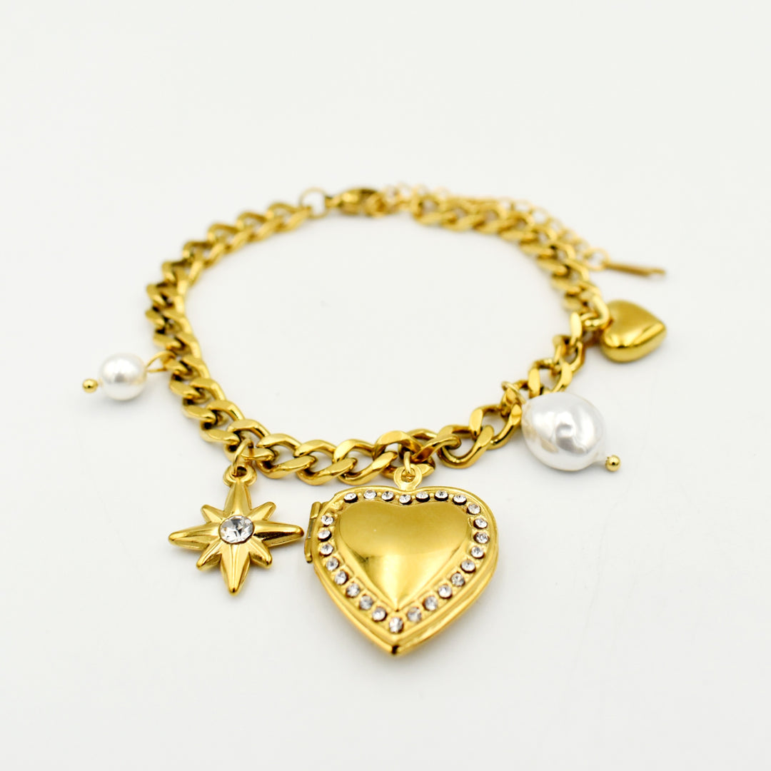 Gold Toned Heart Locket Charm Bracelet