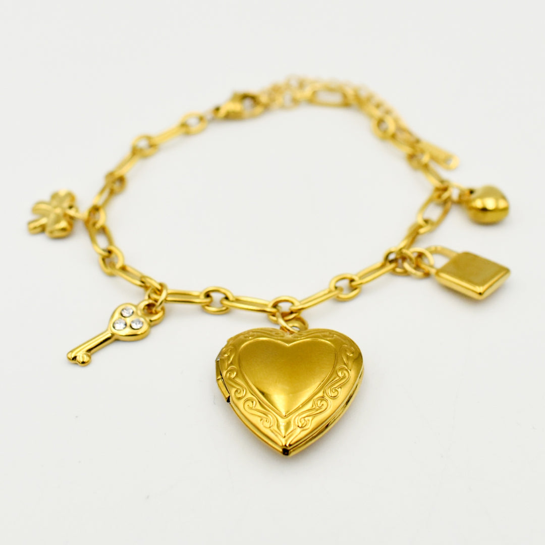 Gold Toned Heart Link Chain Charm Bracelet