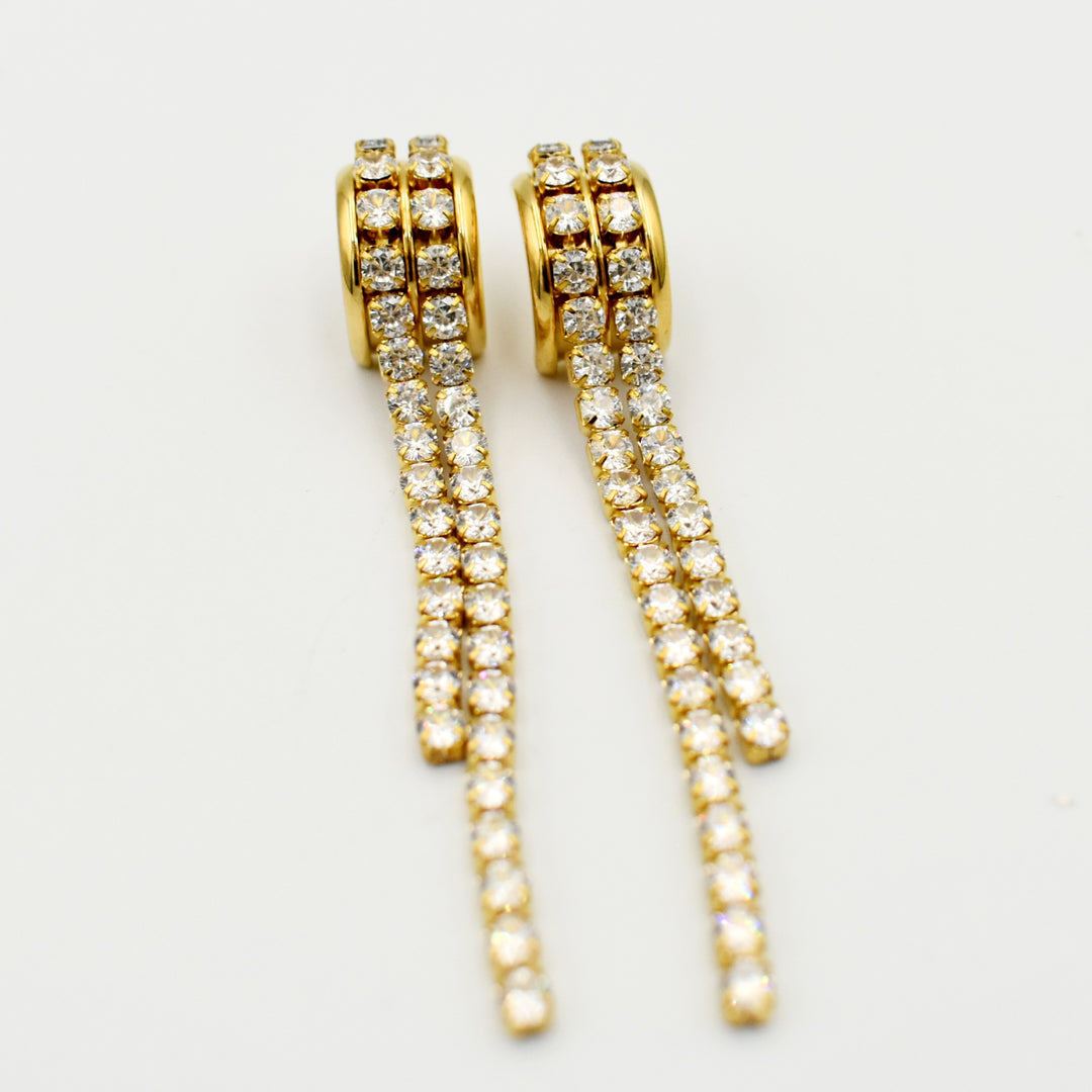 Gold Toned Clear Crystal Tassel Earrings