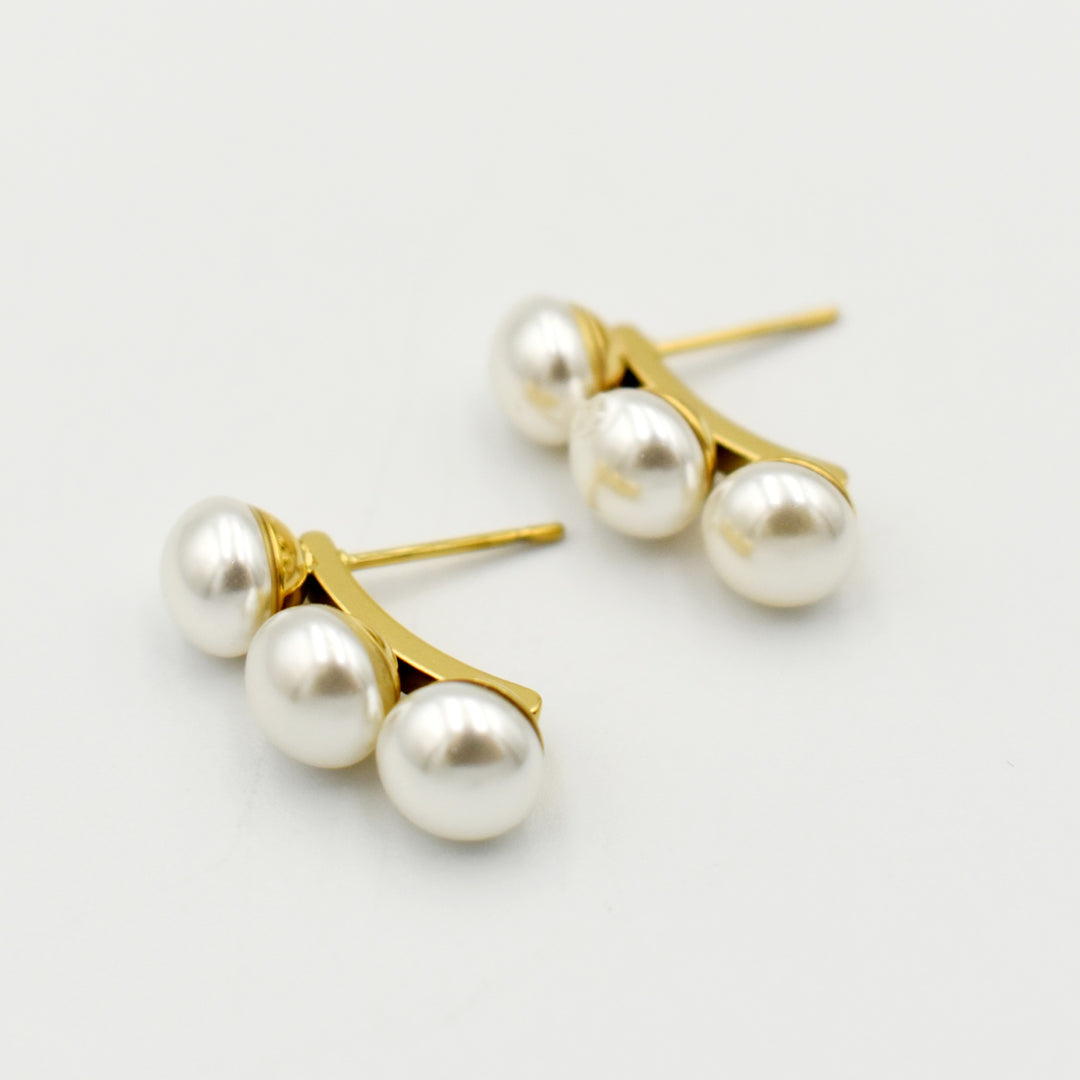 Gold Toned Three Pearl Stud Earrings