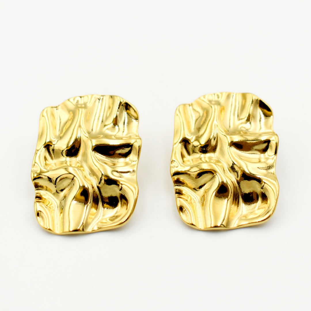 Gold Toned Rectangle Irregular Hammered Earrings