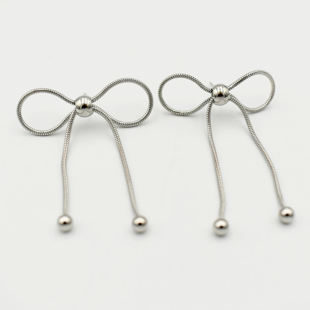 Rhodium Plated Dainty Ribbon Knot Earrings