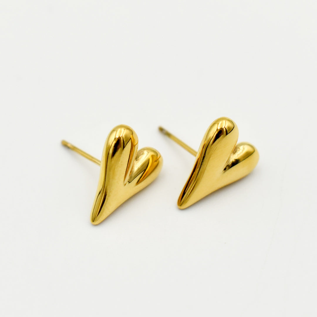 Gold Toned Bead Heart Stud Earrings