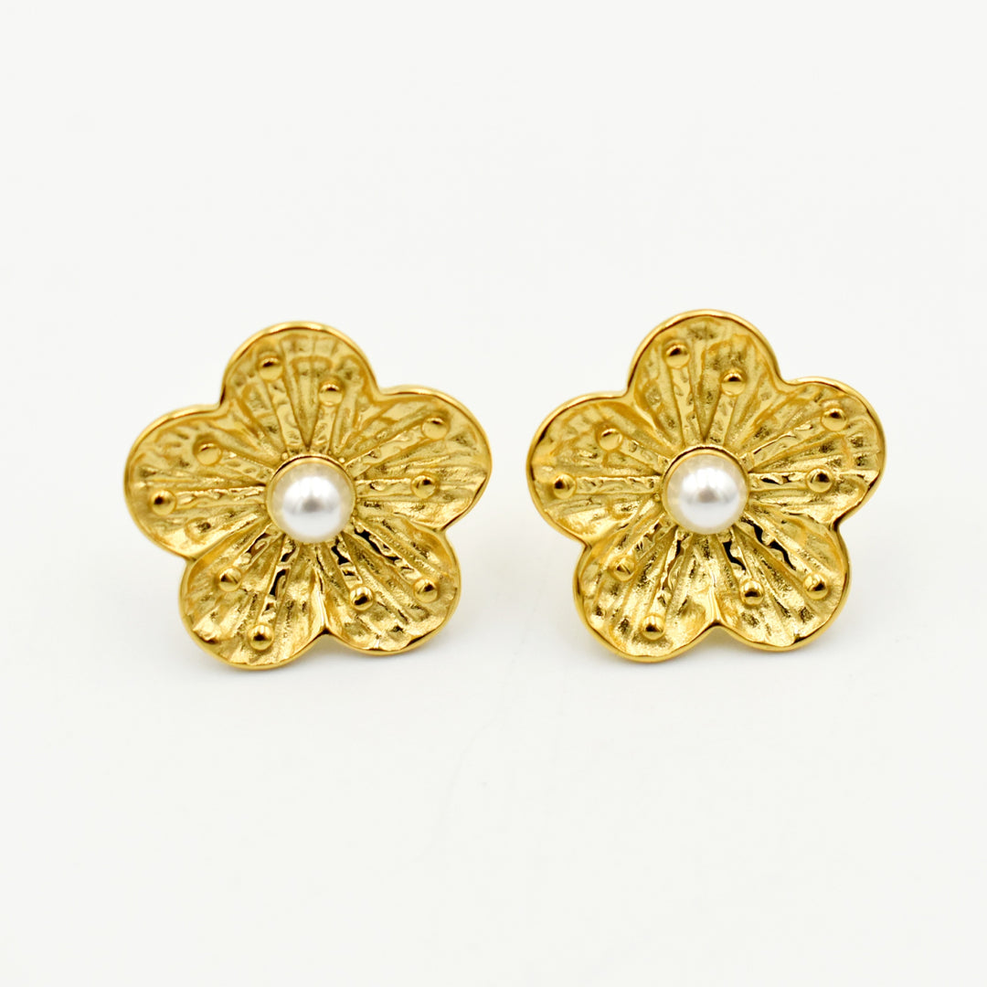 Gold Toned Wrinkle Flower Stud Earrings
